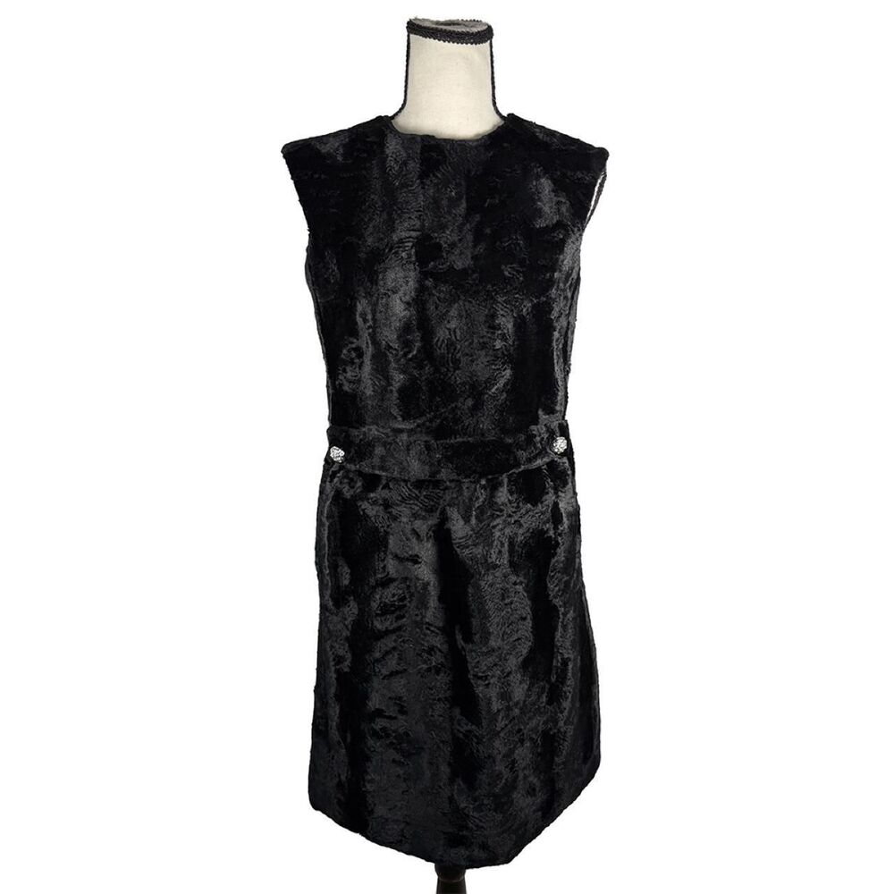 Vintage 60s Black Faux Fur Shift Dress Pockets ILGWU Union Made Mod Size 6